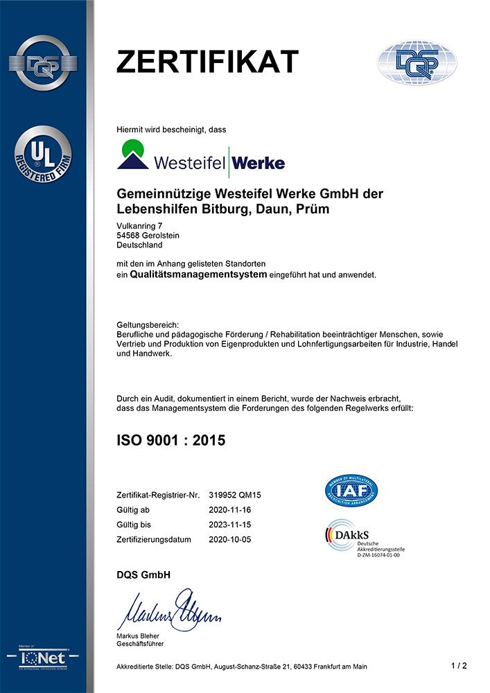 DQS Zertifikate Westeifel Werke